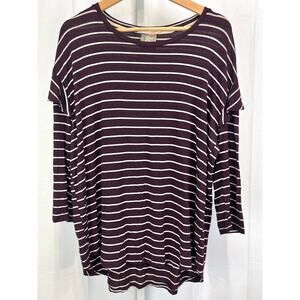 DOLAN Size L Left Coast Anthropologie Striped Ruffle Sleeve Top Wine Purple